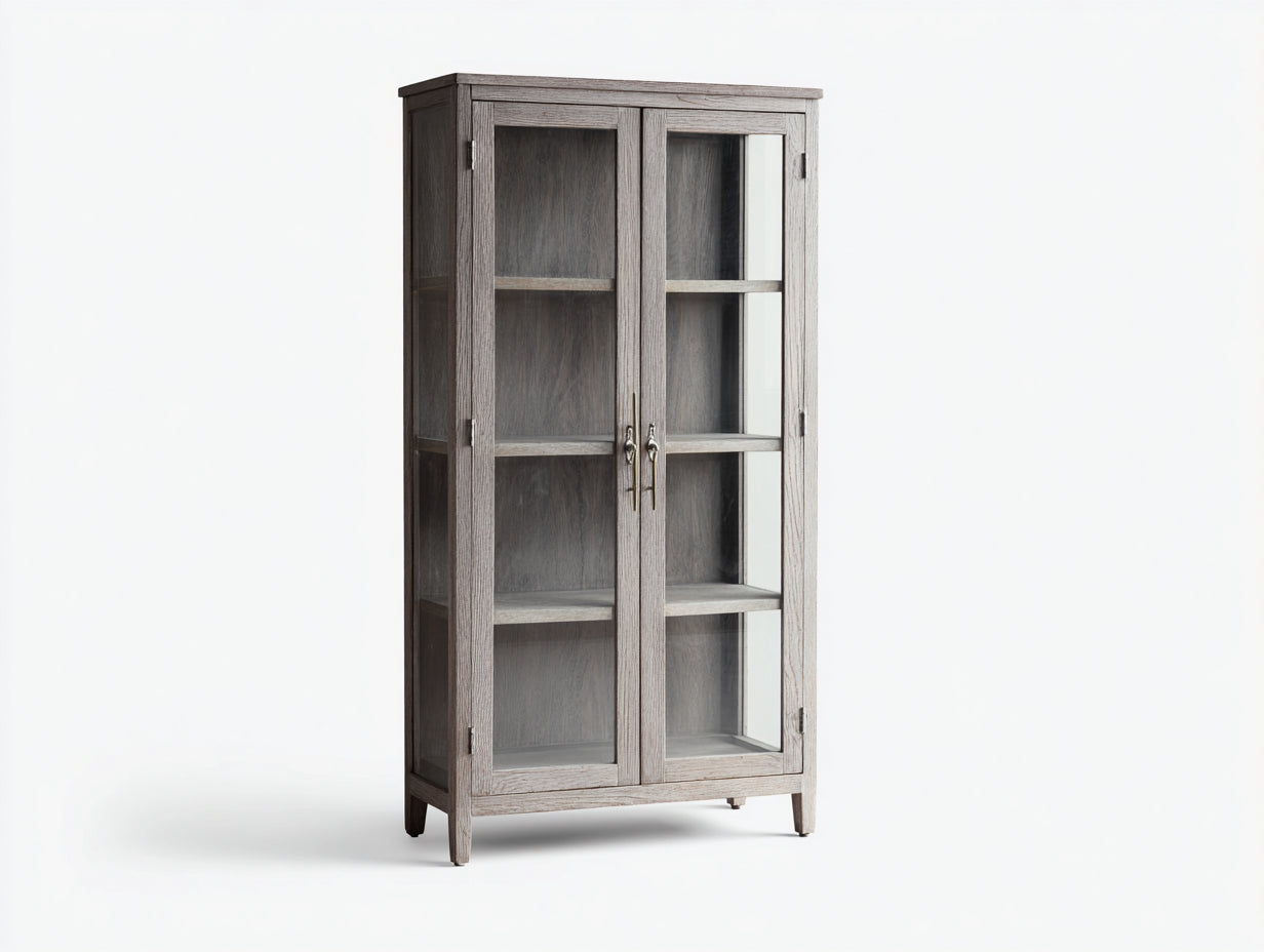 Vitrinas de madera y vidrio 85x38x170 cm gris lavado para salón - diseño rústico con puertas de cristal