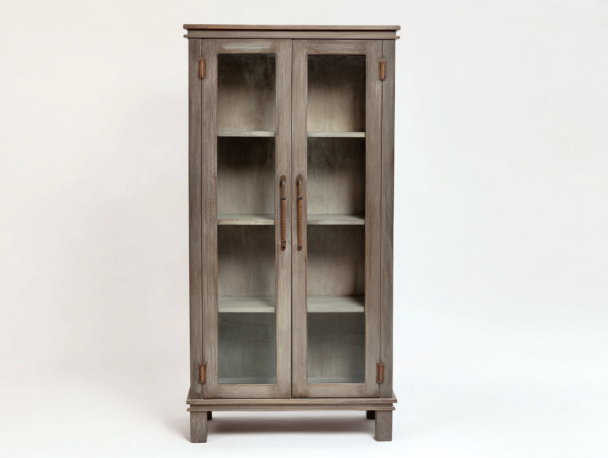 Vitrinas de madera y vidrio 85x42x185 cm - color gris-marrón - 2 puertas - estilo rústico para salón